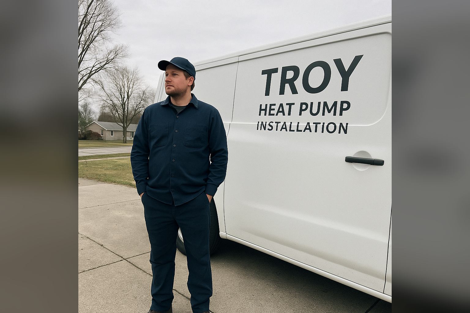 Licensed heat pump installation professional in Troy, MI — local contractor with worn work clothes beside a service van